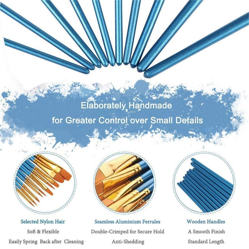 Xubox Paint Brushes Set, 10 Pieces Round Pointed Tip Nylon Hair Artist Acrylic Paintbrushes, Paint Brushes for Acrylic Painting Oil Watercolor Face Nail Body Art Craft, Miniature & Rock Painting, Blue - Image 3